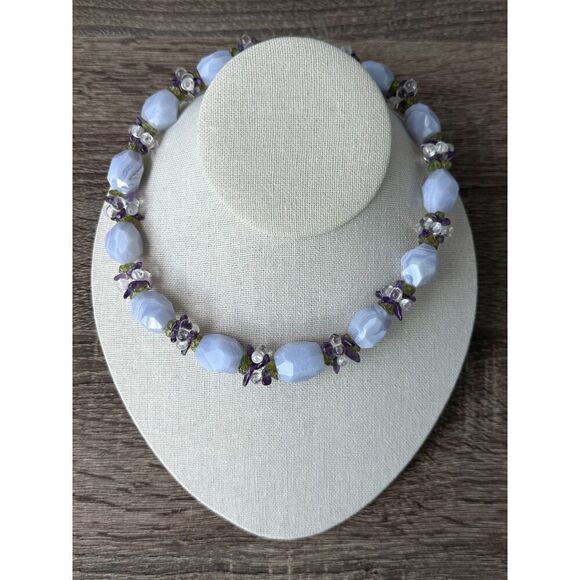 Vintage Madewell Blue Lace Agate Necklace Faceted Gemstone Sterling Silver Clasp - Picture 5 of 5